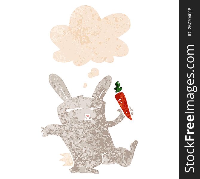 Cartoon Rabbit With Carrot And Thought Bubble In Retro Textured Style