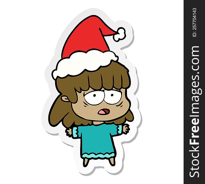 hand drawn sticker cartoon of a tired woman wearing santa hat