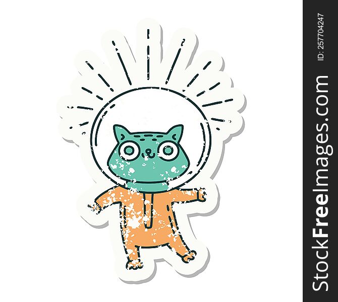 worn old sticker of a tattoo style cat in astronaut suit. worn old sticker of a tattoo style cat in astronaut suit