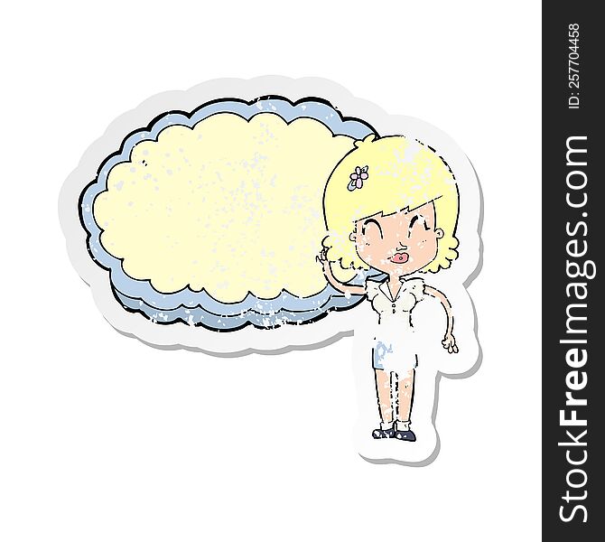 retro distressed sticker of a cartoon woman with cloud text space