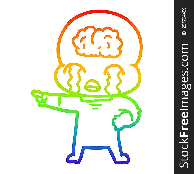rainbow gradient line drawing of a cartoon big brain alien crying and pointing