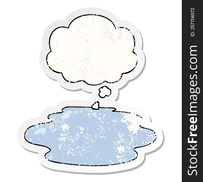 cartoon puddle of water and thought bubble as a distressed worn sticker