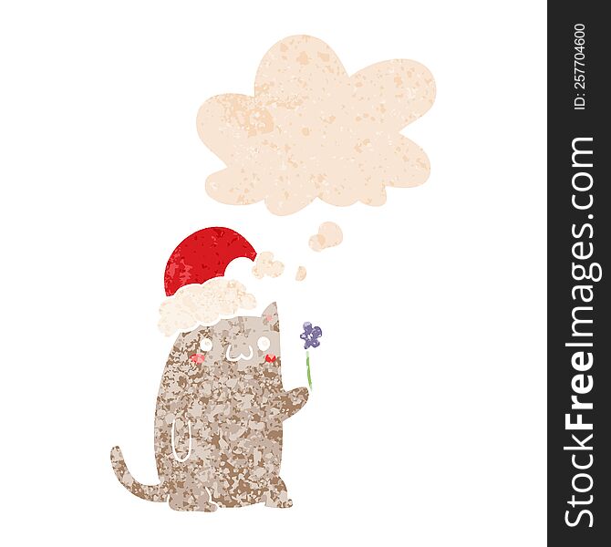 Cute Cartoon Christmas Cat And Thought Bubble In Retro Textured Style