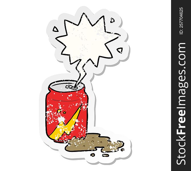 cartoon can of soda with speech bubble distressed distressed old sticker. cartoon can of soda with speech bubble distressed distressed old sticker