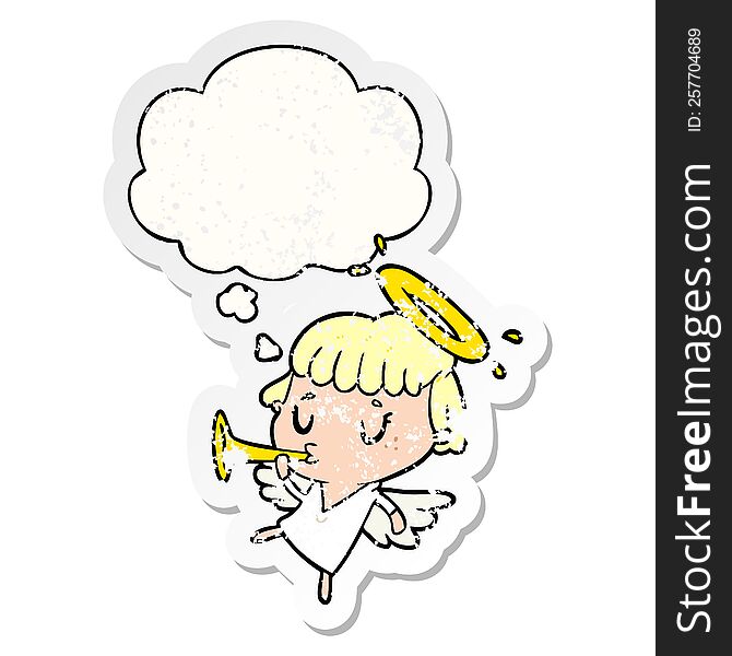 cartoon angel with thought bubble as a distressed worn sticker