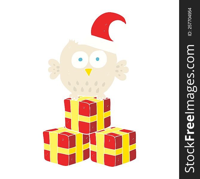 Flat Color Illustration Of A Cartoon Little Owl Wearing Christmas Hat