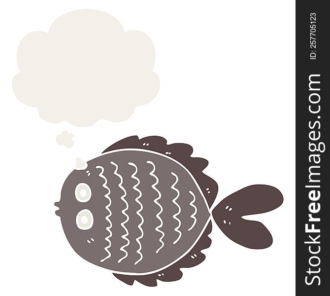 cartoon flat fish with thought bubble in retro style