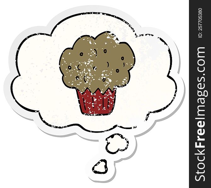 cartoon muffin with thought bubble as a distressed worn sticker