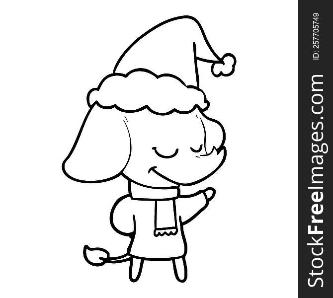 hand drawn line drawing of a smiling elephant wearing scarf wearing santa hat