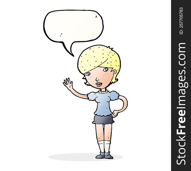 cartoon girl waving with speech bubble