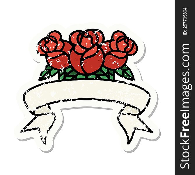 grunge sticker with banner of a bouquet of flowers