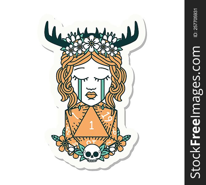 sticker of a crying human druid with natural one D20 roll. sticker of a crying human druid with natural one D20 roll
