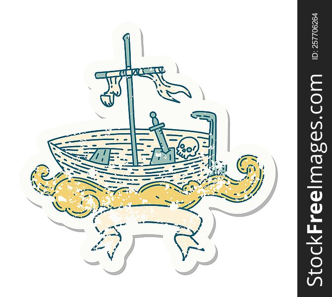 worn old sticker of a tattoo style empty boat with skull. worn old sticker of a tattoo style empty boat with skull