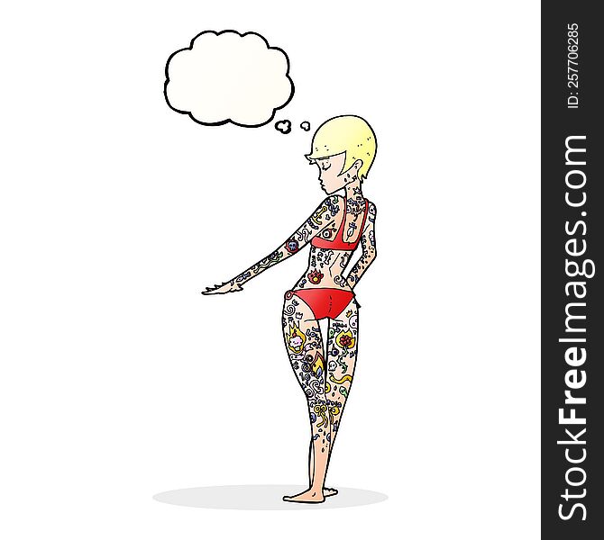 cartoon bikini girl covered in tattoos with thought bubble