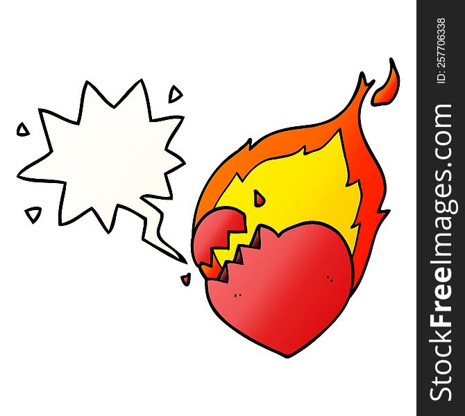 cartoon flaming heart with speech bubble in smooth gradient style