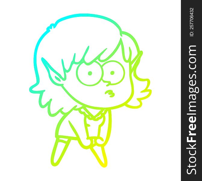 Cold Gradient Line Drawing Cartoon Elf Girl Staring And Crouching
