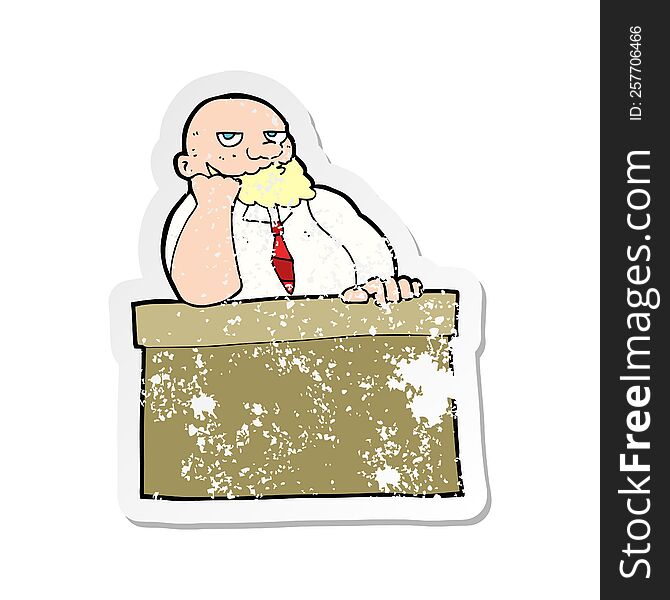 retro distressed sticker of a cartoon bored man at desk