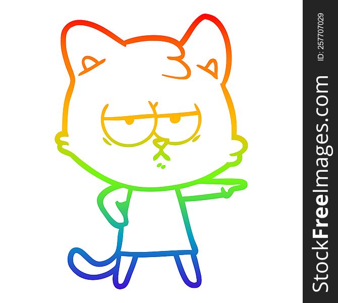 rainbow gradient line drawing of a bored cartoon cat pointing
