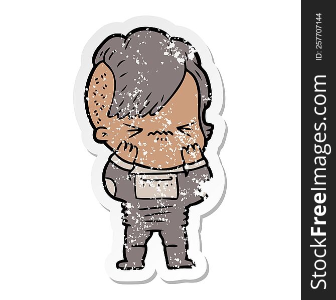 Distressed Sticker Of A Cartoon Annoyed Hipster Girl Wearing Space Suit