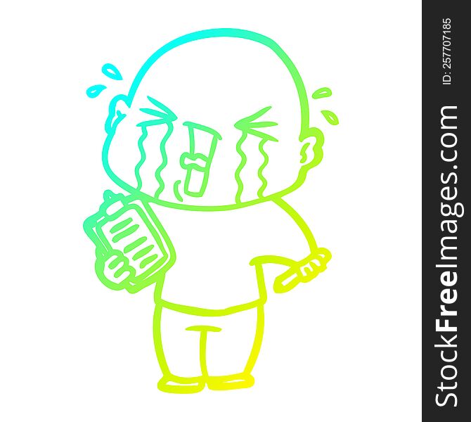 cold gradient line drawing cartoon crying man with clipboard