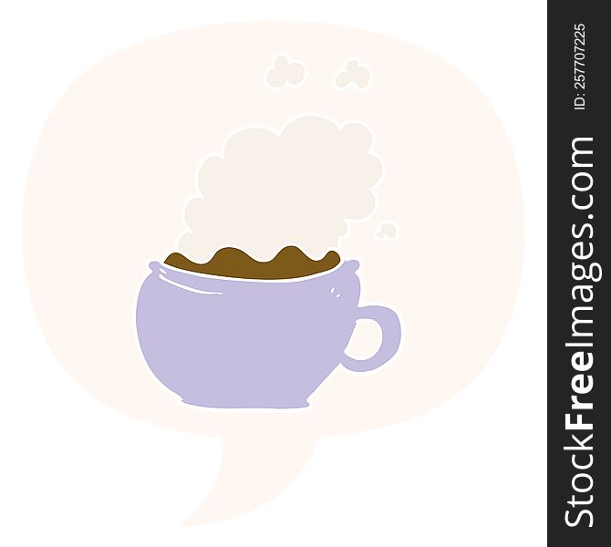 cartoon hot cup of coffee with speech bubble in retro style