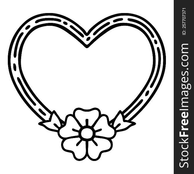 tattoo in black line style of a heart and flower. tattoo in black line style of a heart and flower