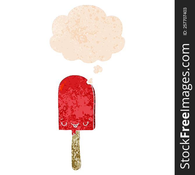 cartoon ice lolly with thought bubble in grunge distressed retro textured style. cartoon ice lolly with thought bubble in grunge distressed retro textured style