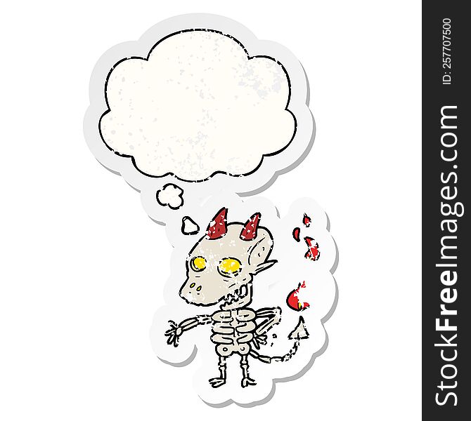 cartoon spooky demon and thought bubble as a distressed worn sticker