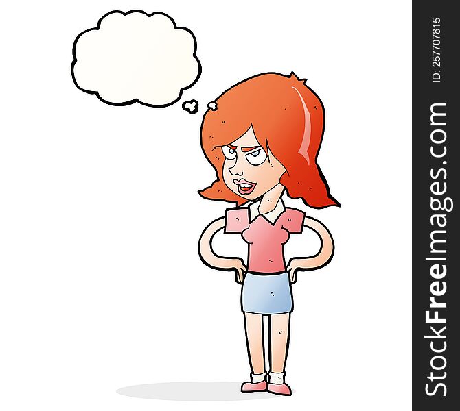 Cartoon Annoyed Woman With Hands On Hips With Thought Bubble