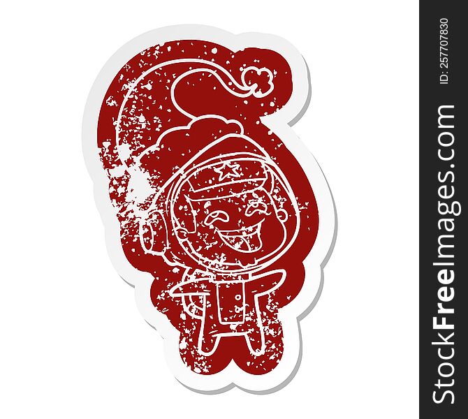 Cartoon Distressed Sticker Of A Laughing Astronaut Wearing Santa Hat