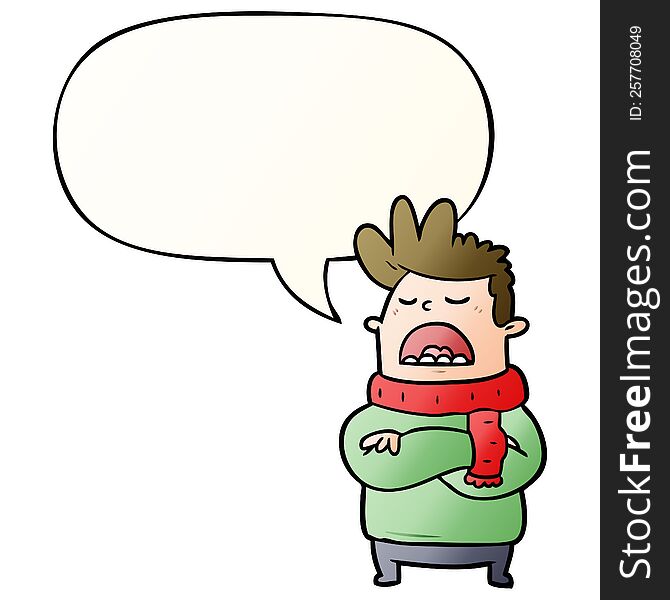 cartoon obnoxious man in winter clothes with speech bubble in smooth gradient style