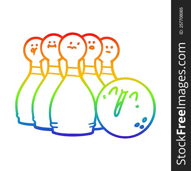 rainbow gradient line drawing of a cartoon laughing bowling ball and pins