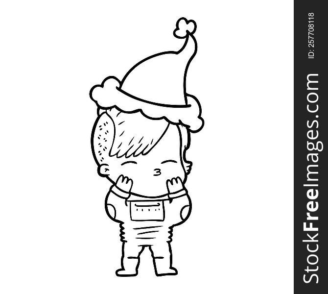 hand drawn line drawing of a girl wearing futuristic clothes wearing santa hat