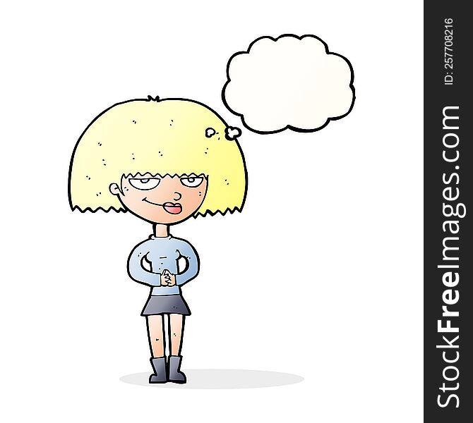 cartoon sly woman with thought bubble