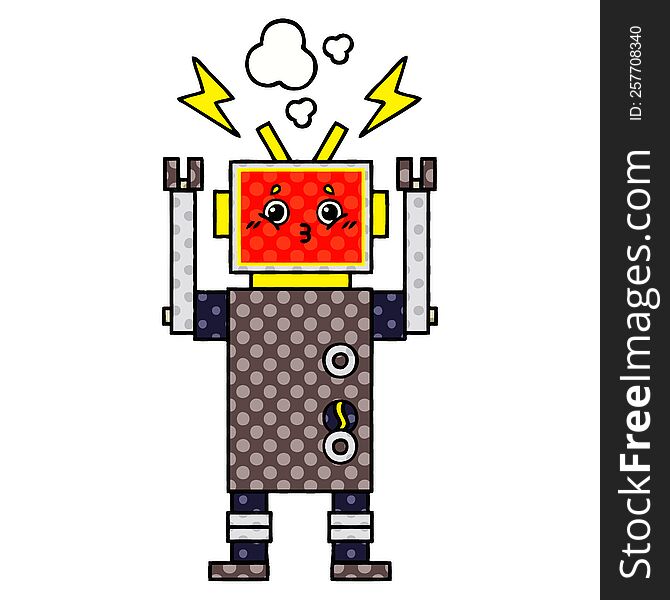 comic book style cartoon of a robot malfunction