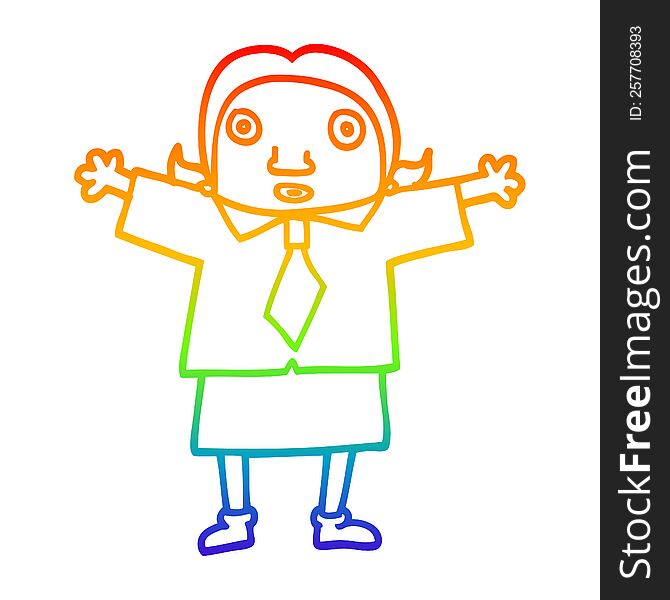 rainbow gradient line drawing of a cartoon school girl
