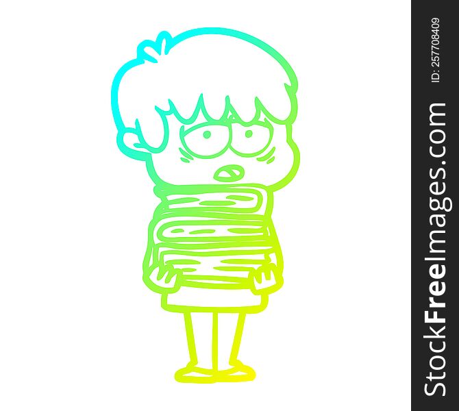 cold gradient line drawing of a cartoon exhausted boy holding book