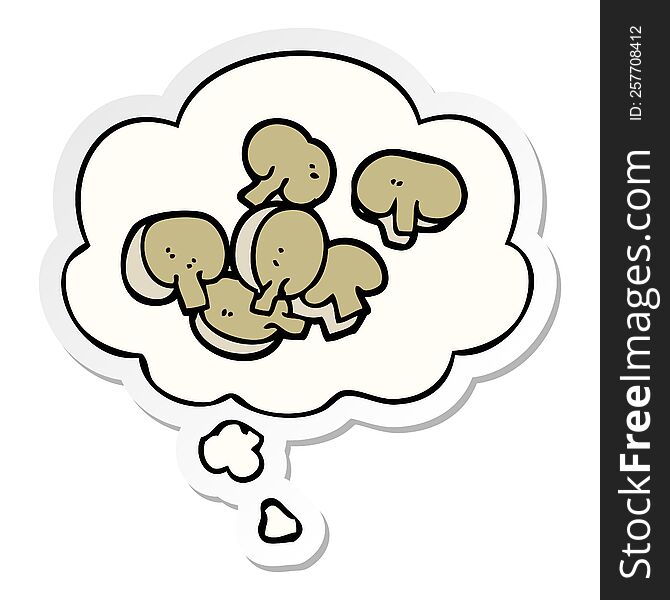cartoon chopped mushrooms with thought bubble as a printed sticker