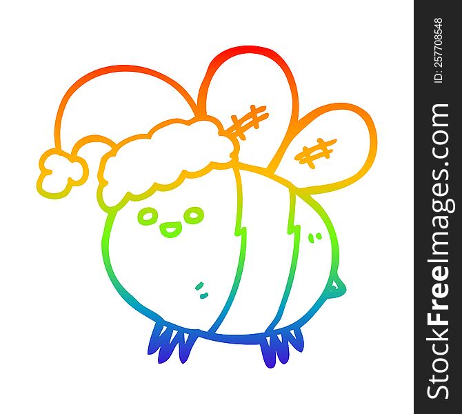 Rainbow Gradient Line Drawing Cute Cartoon Bee Wearing Christmas Hat