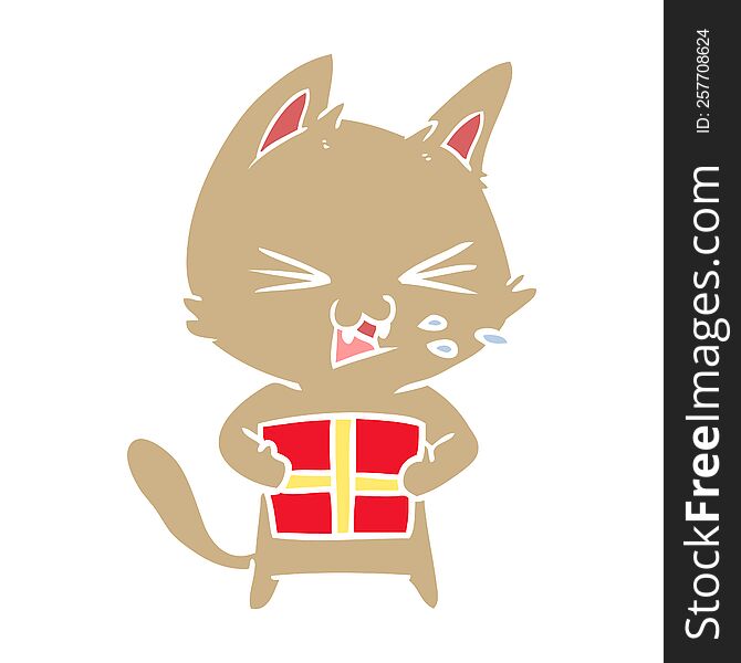 Flat Color Style Cartoon Hissing Cat With Christmas Present