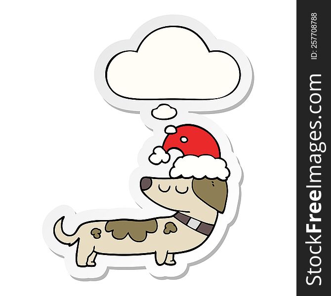 Cartoon Dog Wearing Christmas Hat And Thought Bubble As A Printed Sticker