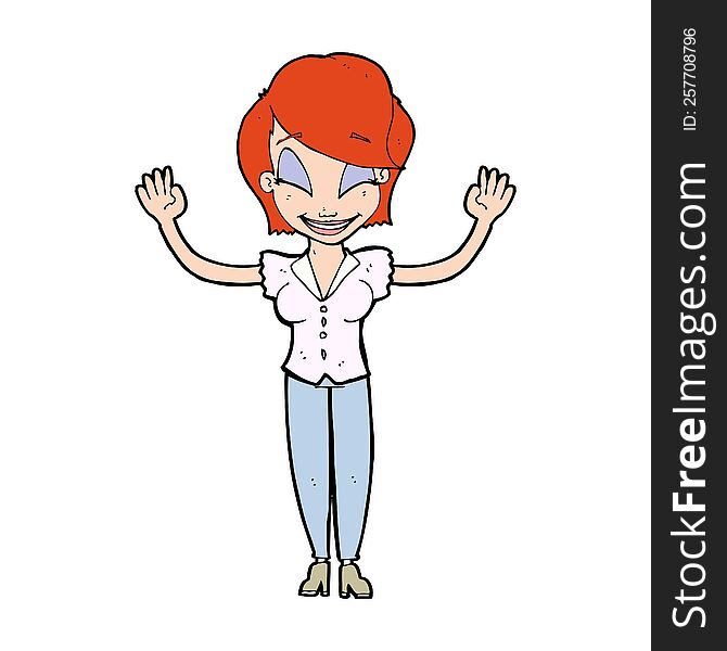 cartoon pretty woman with hands in air