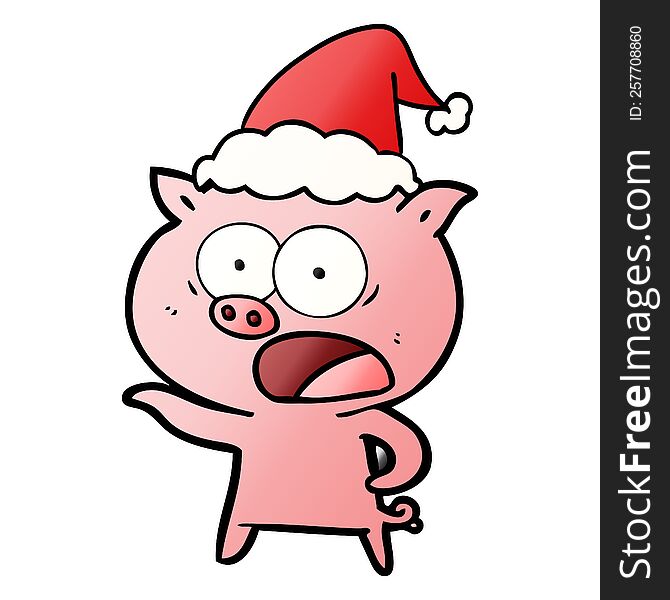 Gradient Cartoon Of A Pig Shouting Wearing Santa Hat