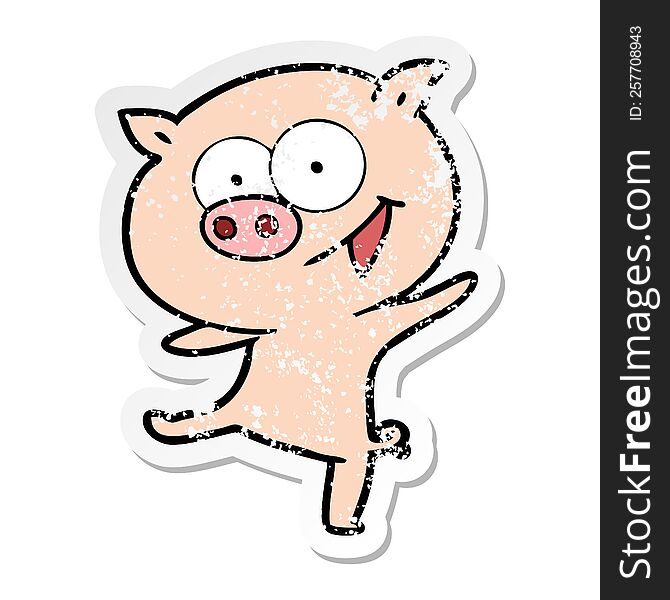 distressed sticker of a cheerful dancing pig cartoon