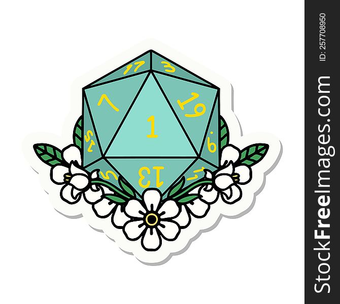 sticker of a natural one dice roll with floral elements. sticker of a natural one dice roll with floral elements