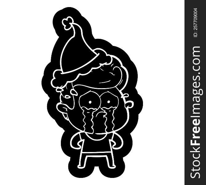 quirky cartoon icon of a crying man wearing santa hat