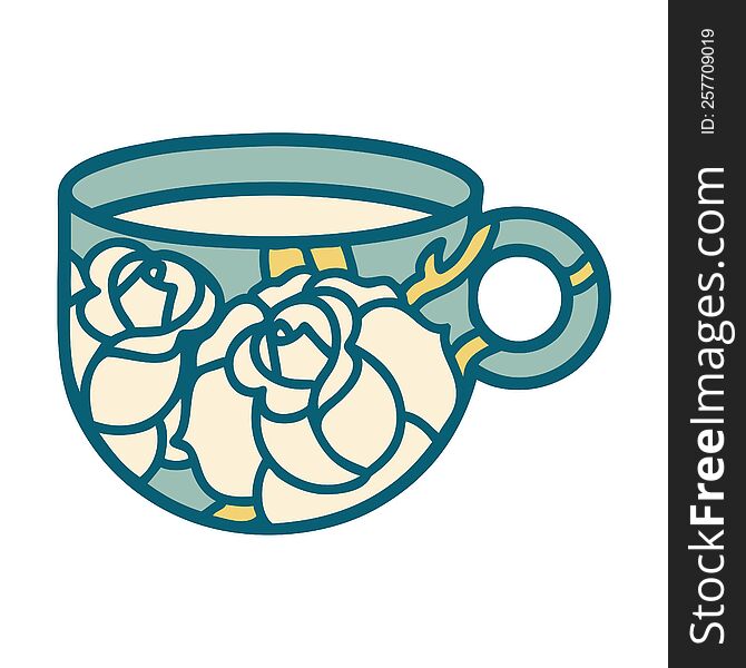 Tattoo Style Icon Of A Cup And Flowers