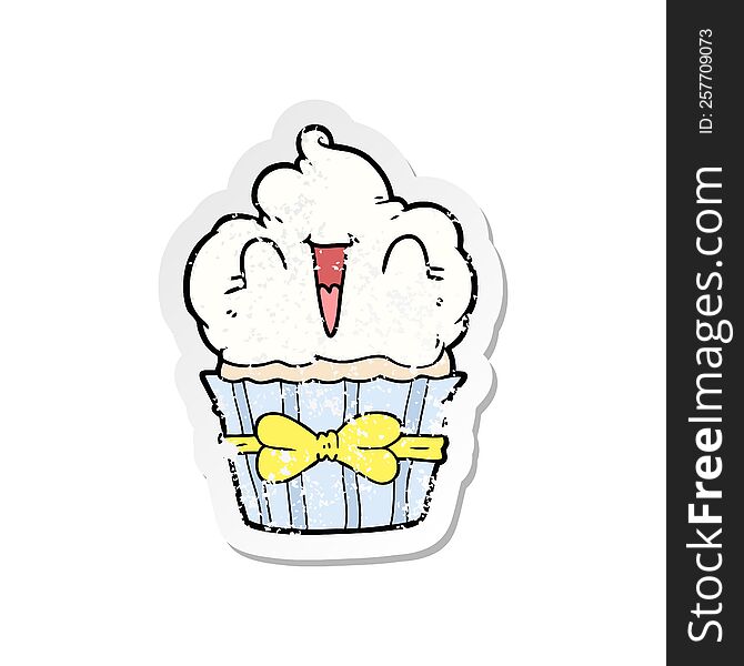 Distressed Sticker Of A Happy Cartoon Cupcake