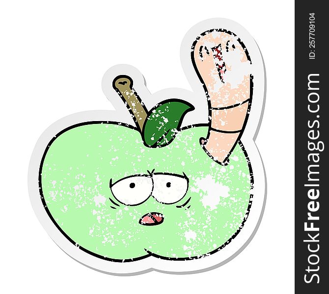 Distressed Sticker Of A Cartoon Worm In Apple