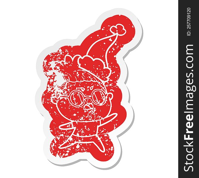 cartoon distressed sticker of a annoyed woman wearing santa hat